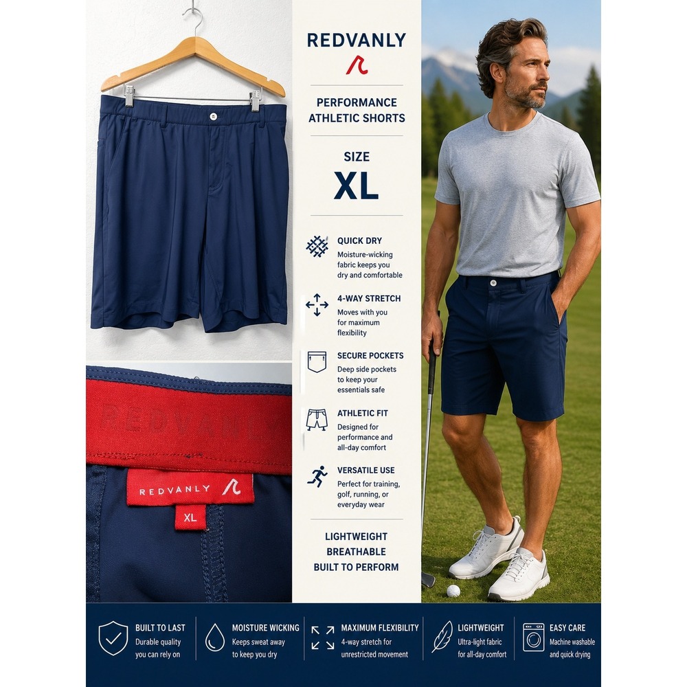 Redvanly Athletic Golf Shorts Mens XL Blue Performance 4-Way Stretch Preppy